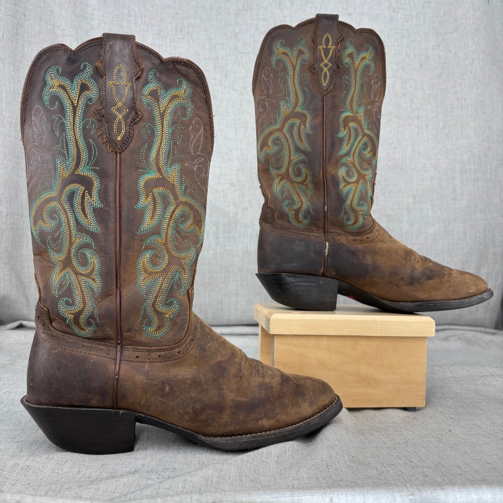 Justin Boots Stampede Durant Brown Leather Square Toe Cowboy Boots Women's 8 B - Picture 2 of 10